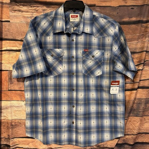 Wrangler Men's Large S/S Plaid Western Shirt Button Up Blue Casual Workwear - Picture 1 of 7